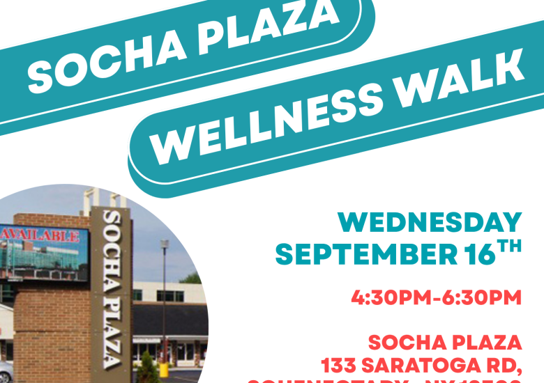 A white event flyer promoting a “Socha Plaza Wellness Walk.” The upper portion features the teal logo and name of the Spina Bifida Association of New York State, along with sponsor and participating-business logos for KeyBank Key4Women, AT&T, Rooted Vines Counseling, Art in Mind Creative Wellness Studio, Zinful Thoughts Wine & Liquor, and Thistle Be Perfect Artisan Boutique. Two large teal, rounded banner shapes run diagonally across the center, with white lettering reading “Socha Plaza Wellness Walk”. The lower-left portion contains a circular photograph of a shopping plaza entrance with a vertical “Socha Plaza” sign, brick buildings, landscaping, and a parking area. On the lower right, the flyer lists the event date as Wednesday, September 16th; the time as 4:30 PM–6:30 PM; and the location as Socha Plaza, 133 Saratoga Rd, Schenectady, NY 12302. A concluding message invites attendees to join Key4Women and the Spina Bifida Association of New York State for an evening of wellness, community, and exploration of local businesses at Socha Plaza.